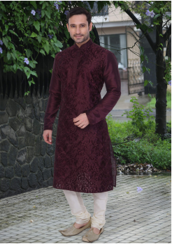 Puce Red Color Dupion And Art Silk Fabric Kurta Set